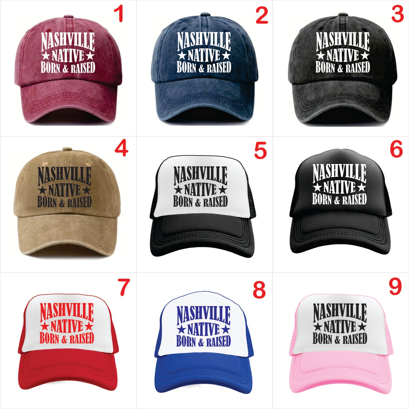 Nine baseball caps with 'Nashville Native Born & Raised' text in various colors on a white background.