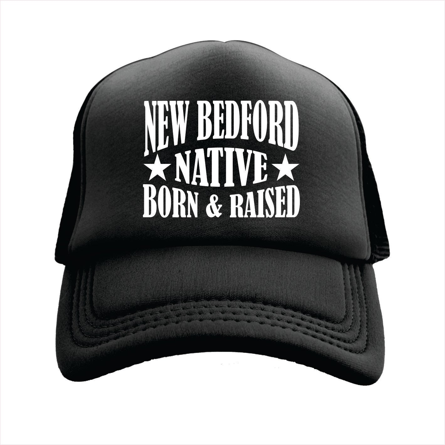 Black cap with 'New Bedford Native Born & Raised' text on a white background