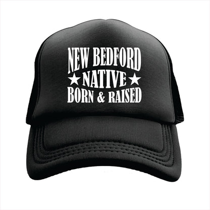 Black cap with 'New Bedford Native Born & Raised' text on a white background