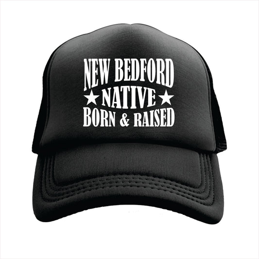 Black cap with 'New Bedford Native Born & Raised' text on a white background