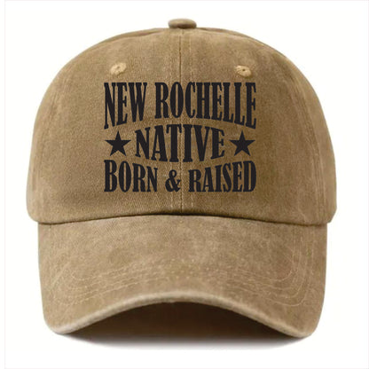 Khaki cap with 'New Rochelle Native Born & Raised' text on a white background