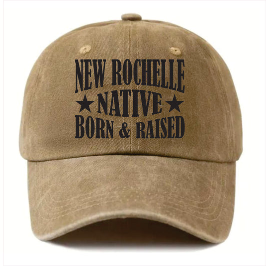 Khaki cap with 'New Rochelle Native Born & Raised' text on a white background