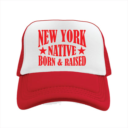 Red and white cap with 'New York Native Born & Raised' text on a white background