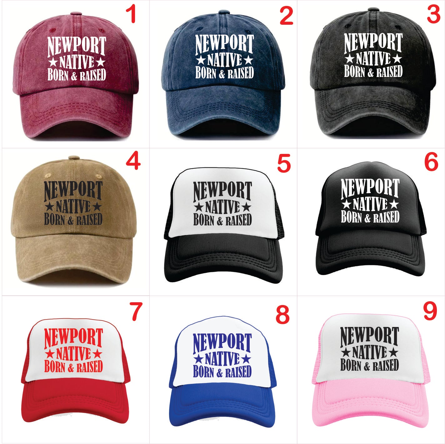 Nine baseball caps with 'Newport Native Born & Raised' text in various colors on a white background.