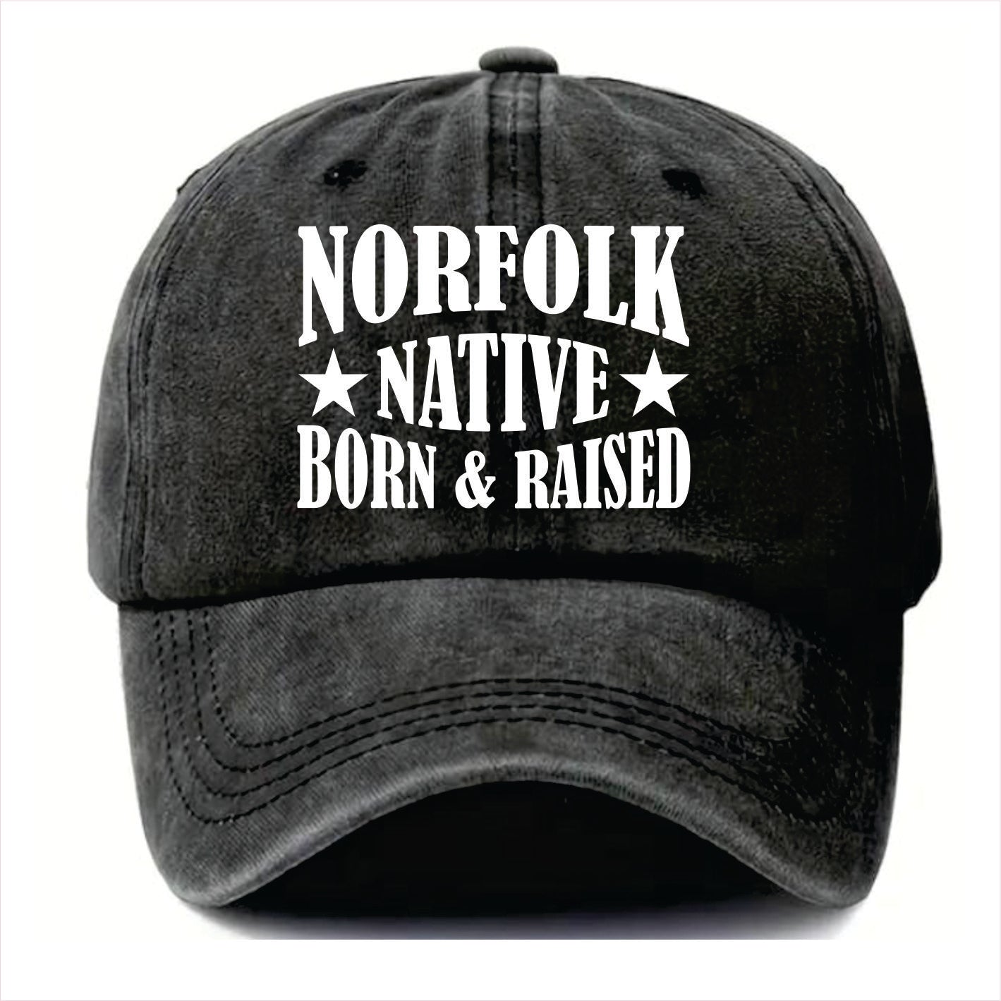 Black cap with 'Norfolk Native Born & Raised' text on a white background
