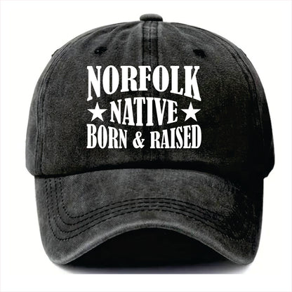 Black cap with 'Norfolk Native Born & Raised' text on a white background