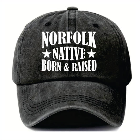 Black cap with 'Norfolk Native Born & Raised' text on a white background