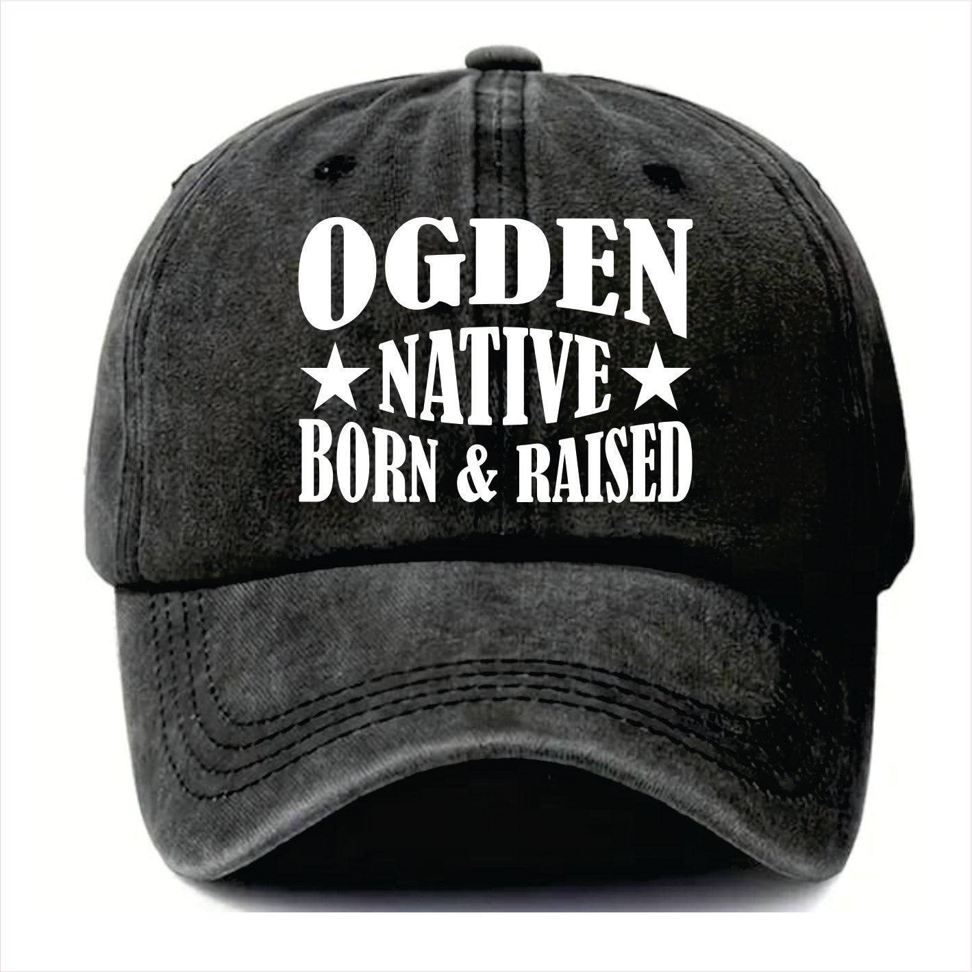 Black cap with 'Ogden Native Born & Raised' text on a white background