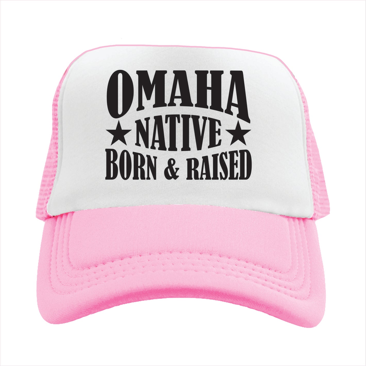 Pink and white cap with 'Omaha Native Born & Raised' text on a white background