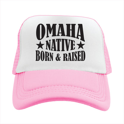 Pink and white cap with 'Omaha Native Born & Raised' text on a white background