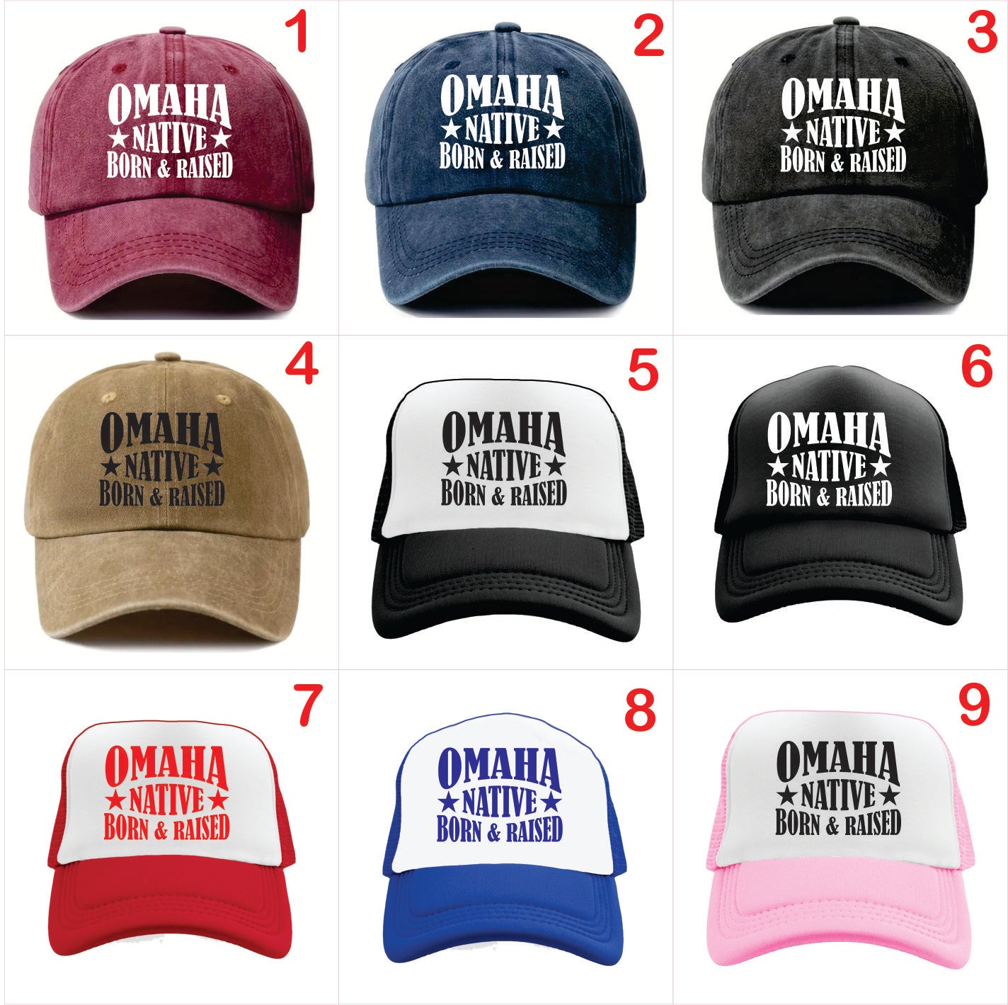 Nine baseball caps with 'Omaha Native Born & Raised' text in various colors on a white background.