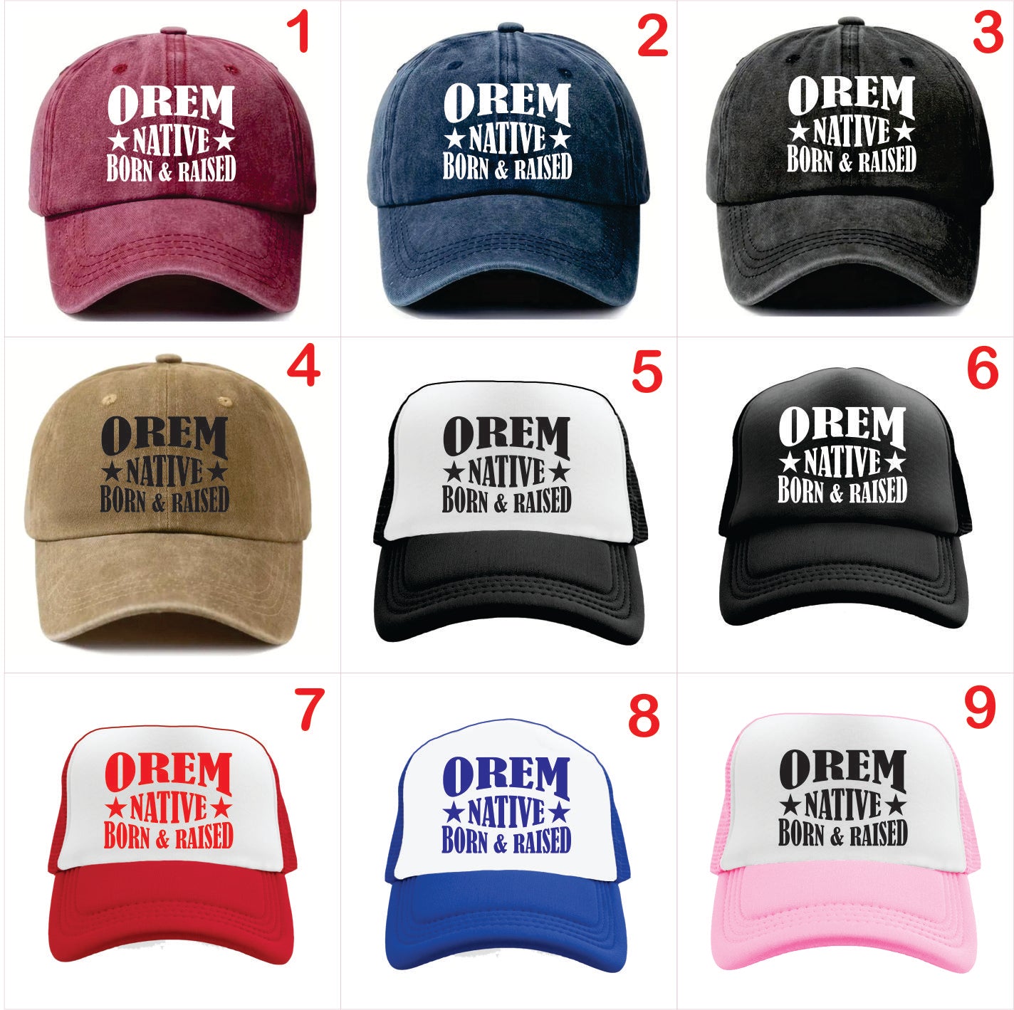 Nine baseball caps with 'Orem Native Born & Raised' text in various colors and styles.