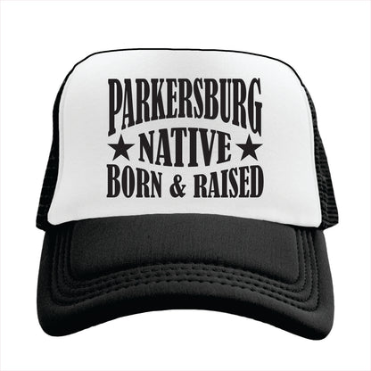 Trucker hat with 'Parkersburg Native Born & Raised' text on a white background