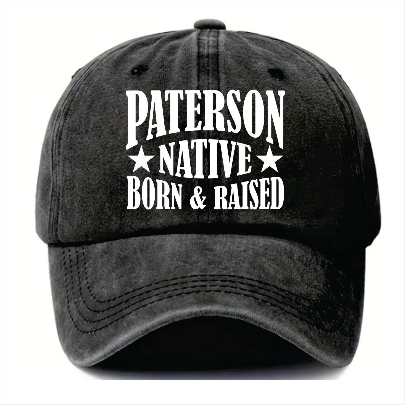 Black cap with 'Paterson Native Born & Raised' text on a white background