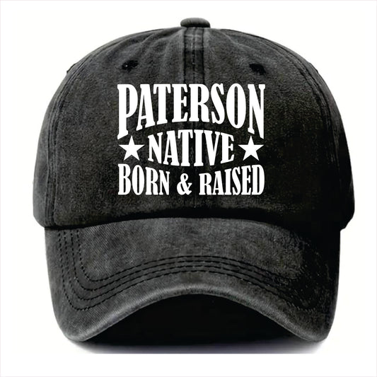 Black cap with 'Paterson Native Born & Raised' text on a white background