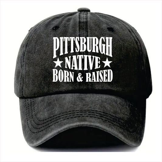 Black cap with 'Pittsburgh Native Born & Raised' text on a white background