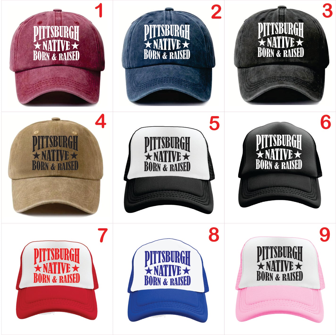 Nine Pittsburgh-themed baseball caps in various colors with 'Pittsburgh Native Born & Raised' text.