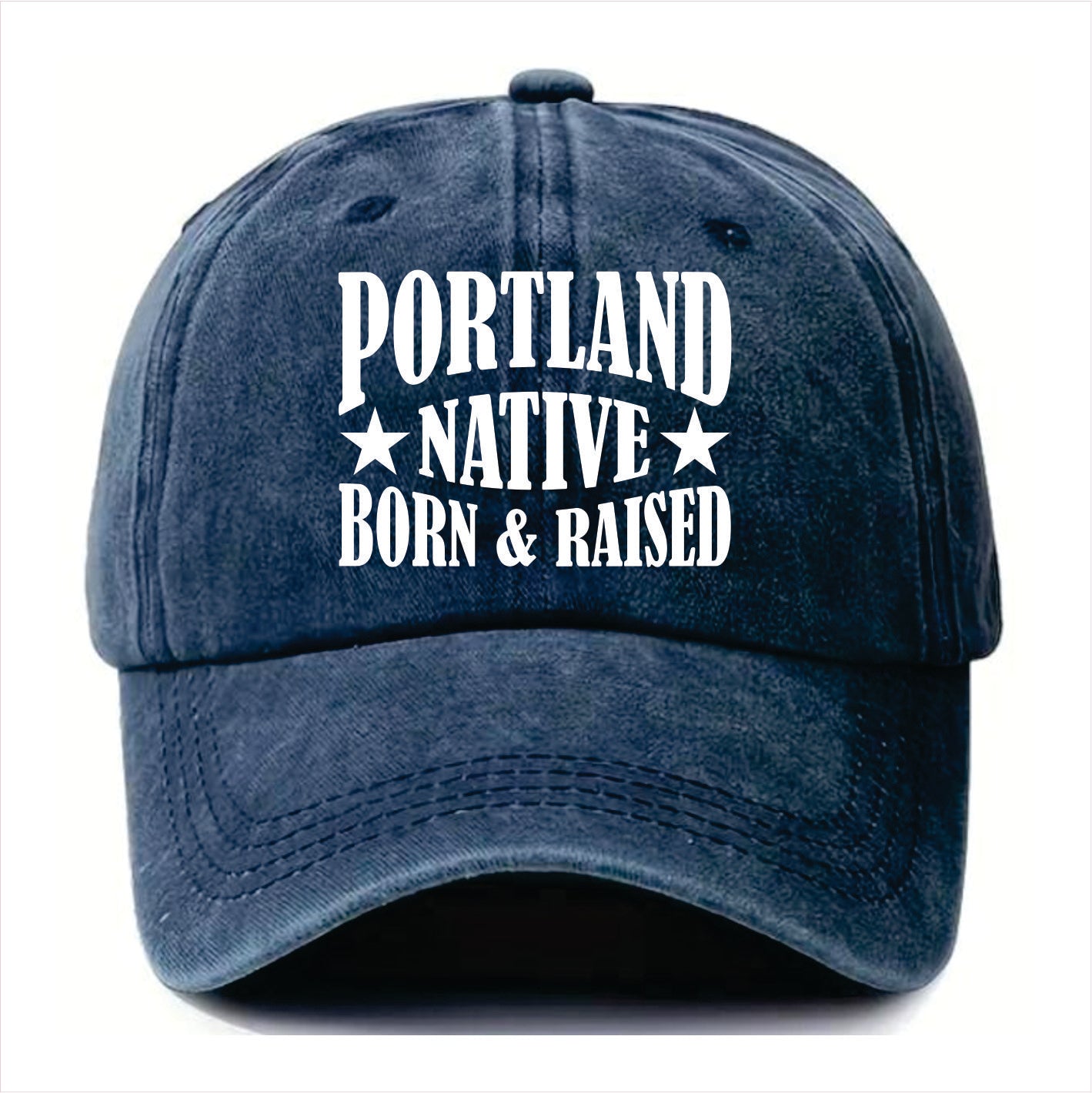 Blue cap with 'Portland Native Born & Raised' text on a white background