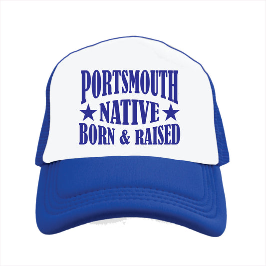 Blue and white cap with 'Portsmouth Native Born & Raised' text on a white background