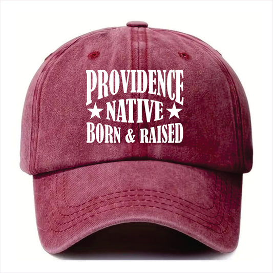 Burgundy cap with 'Providence Native Born & Raised' text on a white background