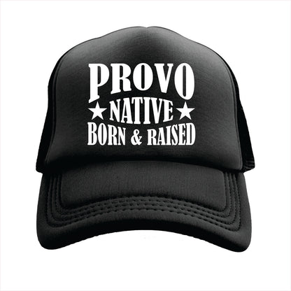 Black cap with 'Provo Native Born & Raised' text on a white background