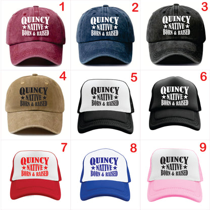 Nine caps with 'Quincy Native Born & Raised' text in various colors on a white background.