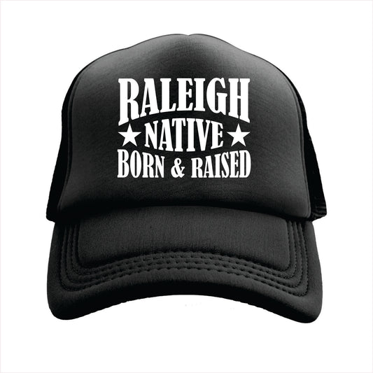 Black cap with 'Raleigh Native Born & Raised' text on a white background