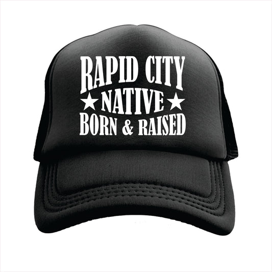 Black cap with 'Rapid City Native Born & Raised' text on a white background