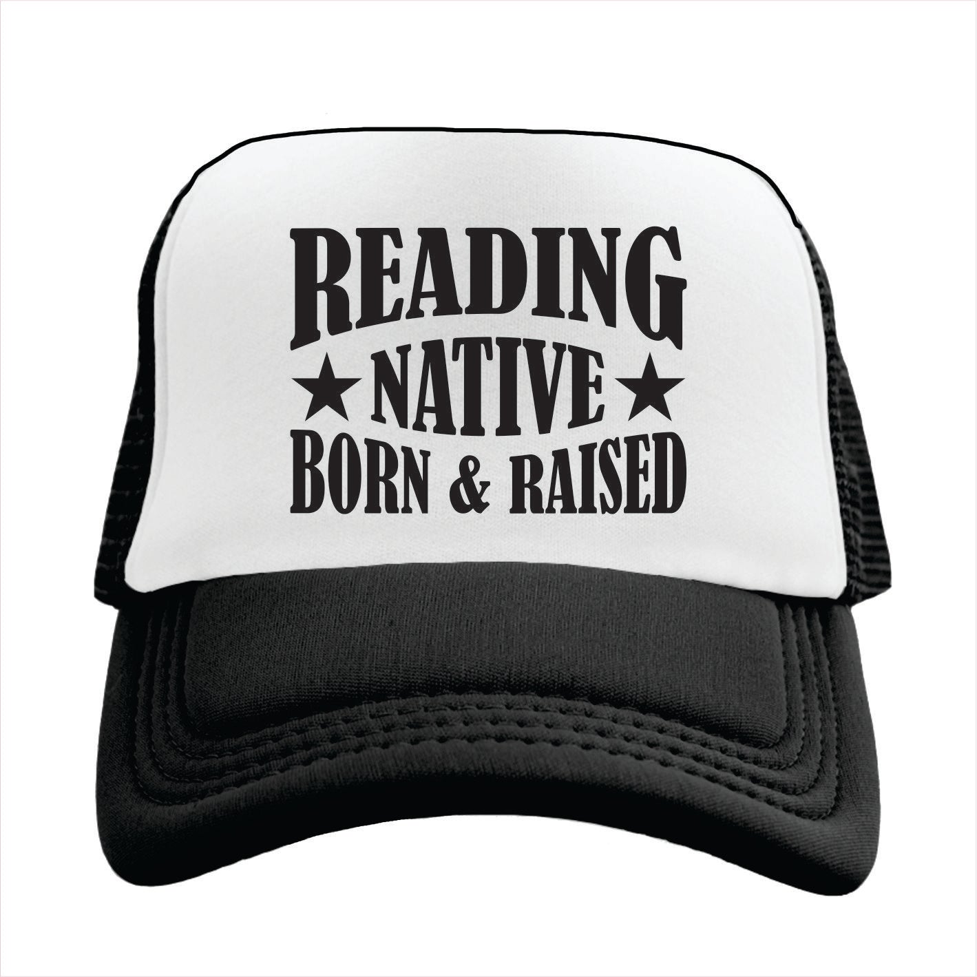 Black and white cap with 'Reading Native Born & Raised' text on a white background