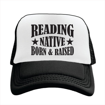 Black and white cap with 'Reading Native Born & Raised' text on a white background