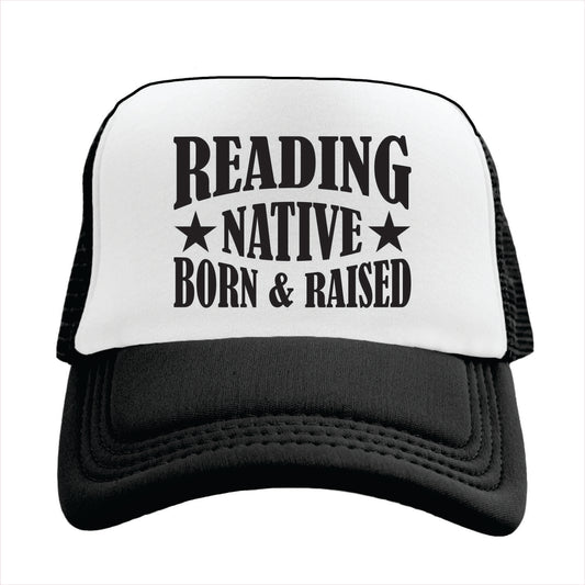 Black and white cap with 'Reading Native Born & Raised' text on a white background