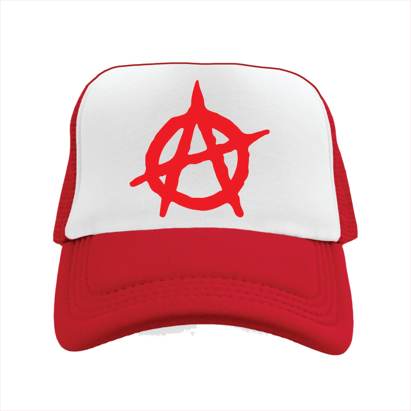 Red and white trucker hat cap with a red symbol on a white background