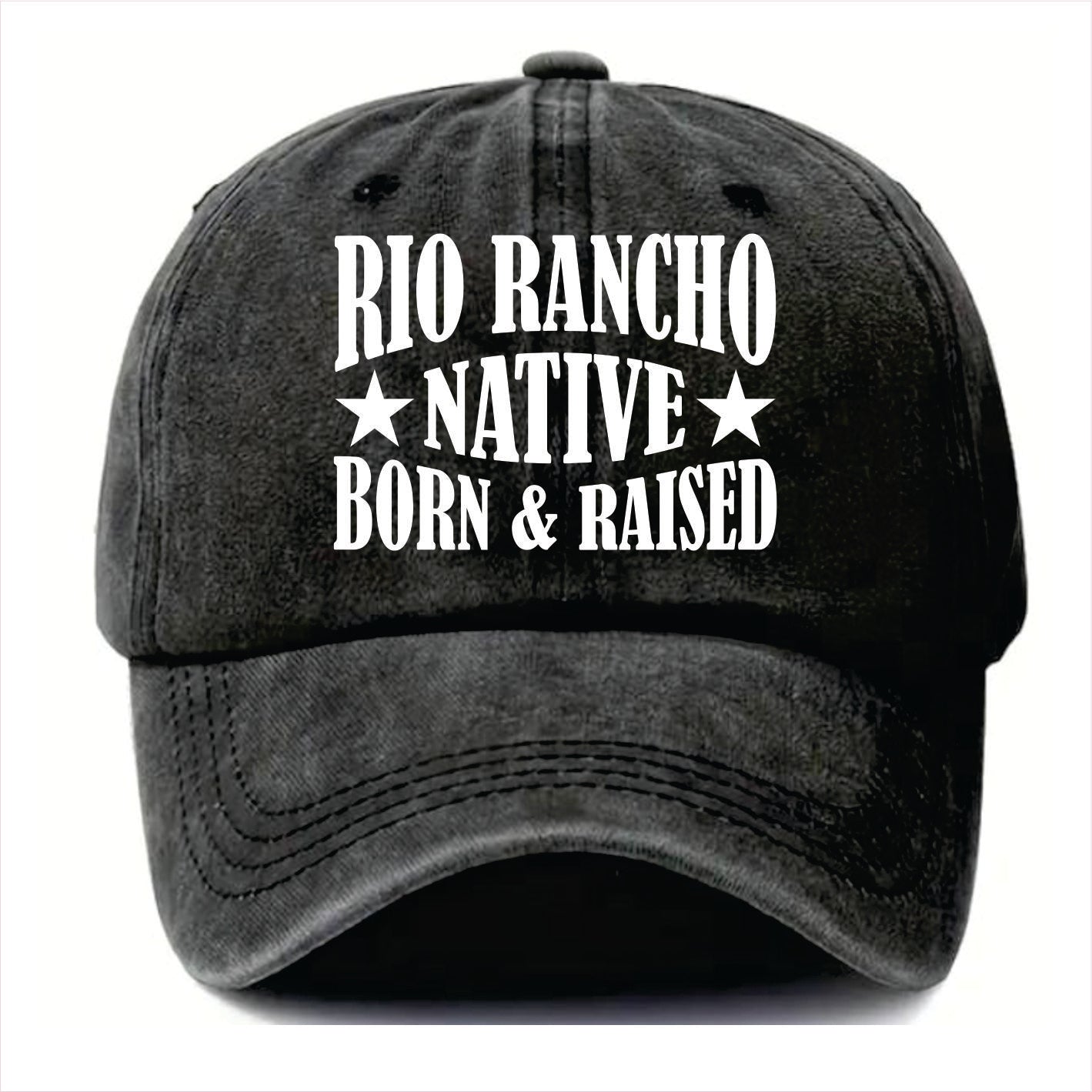 Black cap with 'Rio Rancho Native Born & Raised' text on a white background