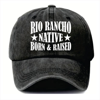 Black cap with 'Rio Rancho Native Born & Raised' text on a white background