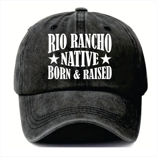 Black cap with 'Rio Rancho Native Born & Raised' text on a white background
