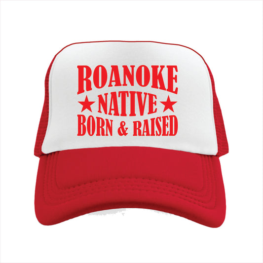 Red and white cap with 'Roanoke Native Born & Raised' text on a white background