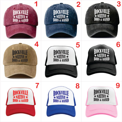 Nine baseball caps with 'Rockville Native Born & Raised' text in various colors and styles.