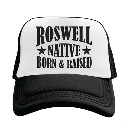 Black and white cap with 'Roswell Native Born & Raised' text on a white background
