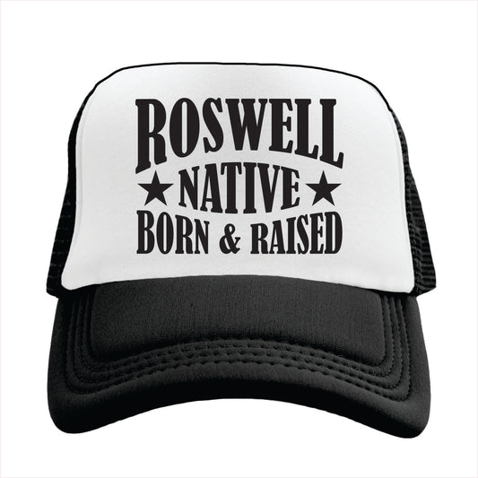Black and white cap with 'Roswell Native Born & Raised' text on a white background