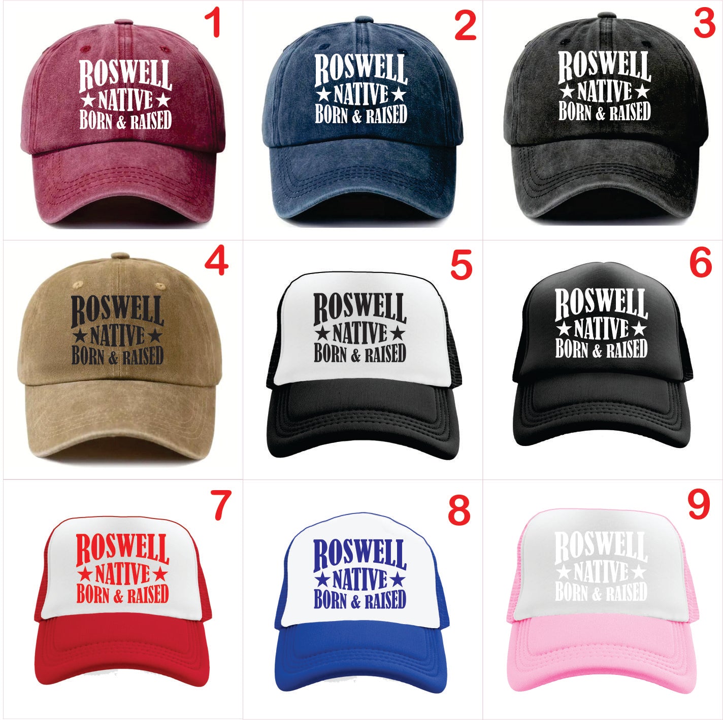 Nine baseball caps with 'Roswell Native Born & Raised' text in various colors and styles.