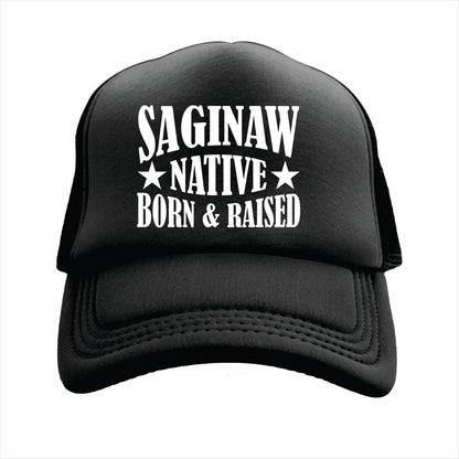 Black cap with 'SAGINAW NATIVE BORN & RAISED' text on a white background