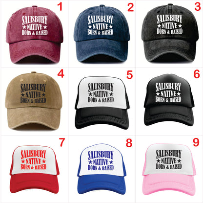 Nine baseball caps with 'Salisbury Native Born & Raised' text in various colors on a white background.