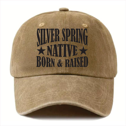Brown cap with 'Silver Spring Native Born & Raised' text on a white background