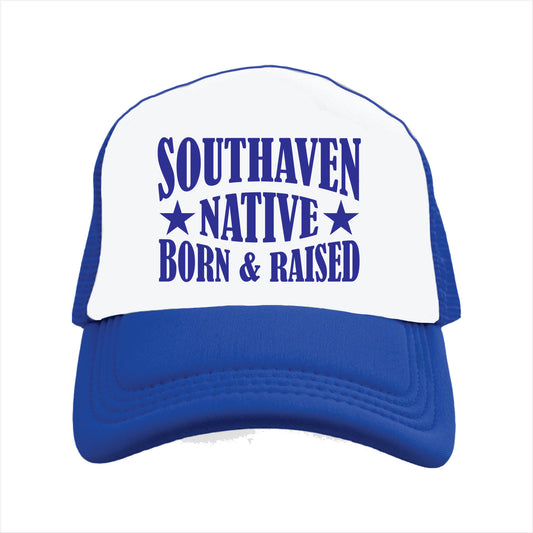 Blue and white cap with 'Southaven Native Born & Raised' text on a white background