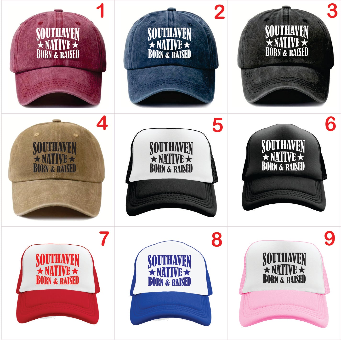 Nine caps with 'Southaven Native Born & Raised' text in various colors on a white background.