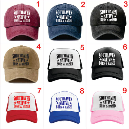 Nine caps with 'Southaven Native Born & Raised' text in various colors on a white background.