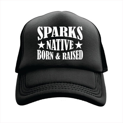 Black cap with 'Sparks Native Born & Raised' text on a white background