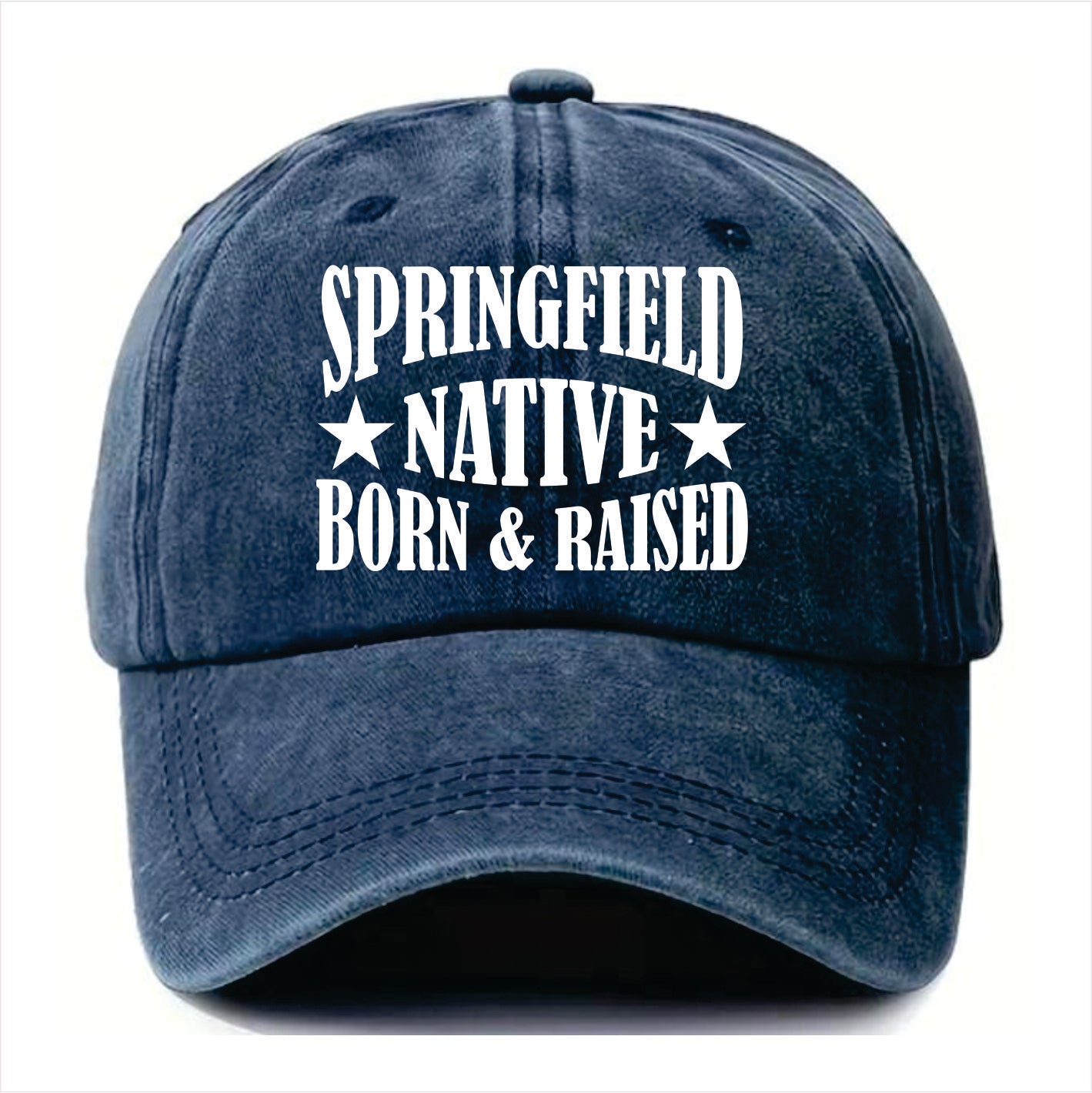 Blue cap with 'Springfield Native Born & Raised' text on a white background
