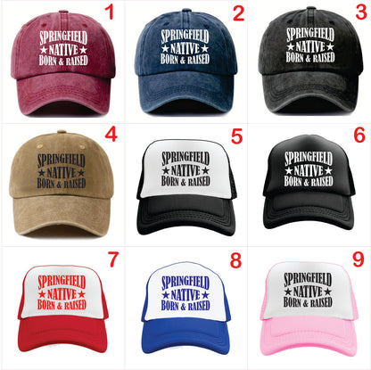 Nine baseball caps with 'Springfield Native Born & Raised' text in various colors and styles.