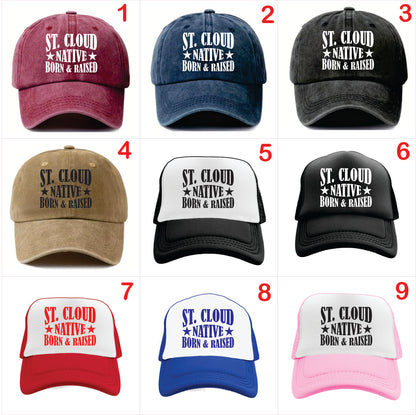 Nine baseball caps with 'St. Cloud Native Born & Raised' text in various colors and styles.